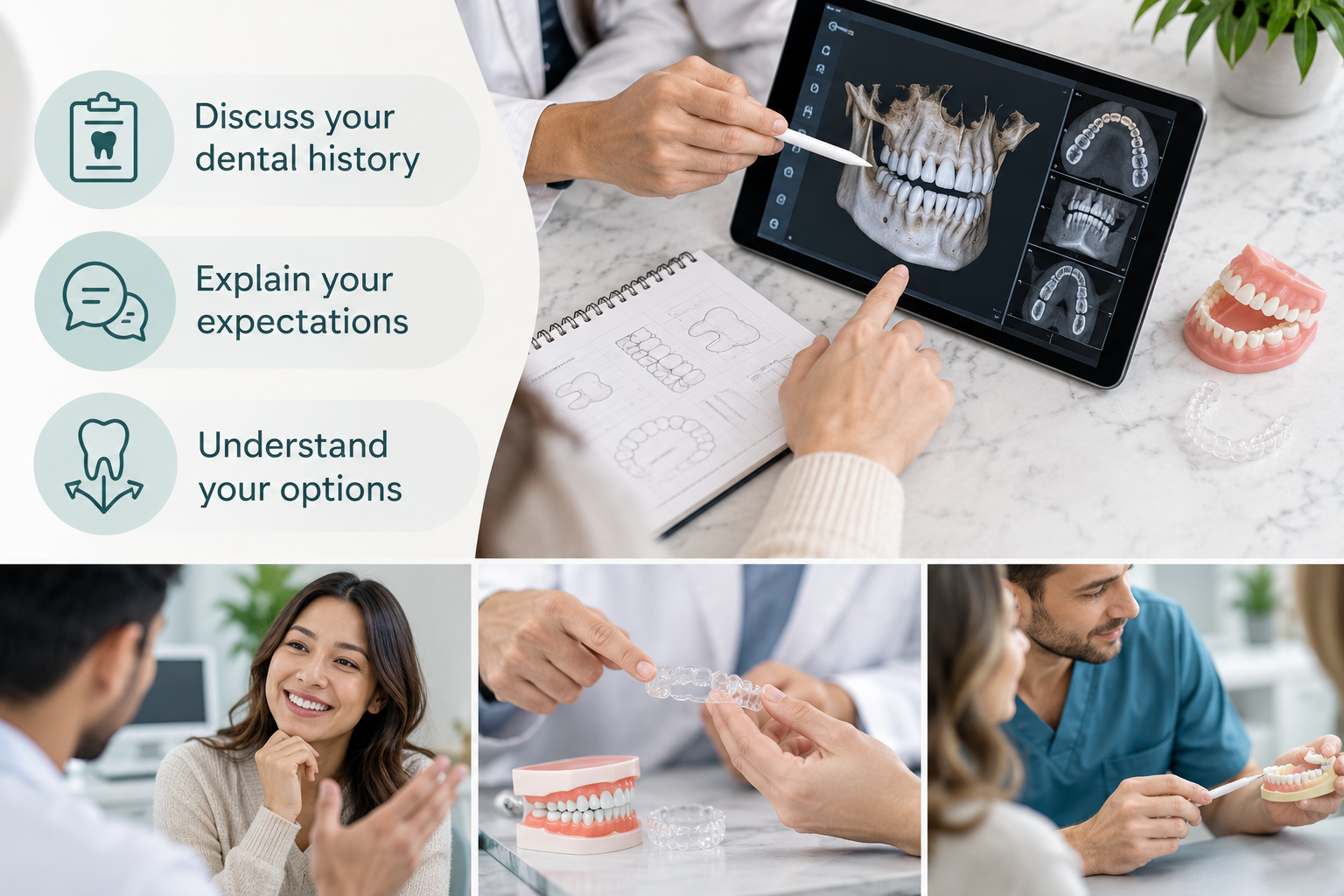 An In-Depth Pre-Treatment Consultation: Discuss your dental history; Explain your expectations; Understand your options