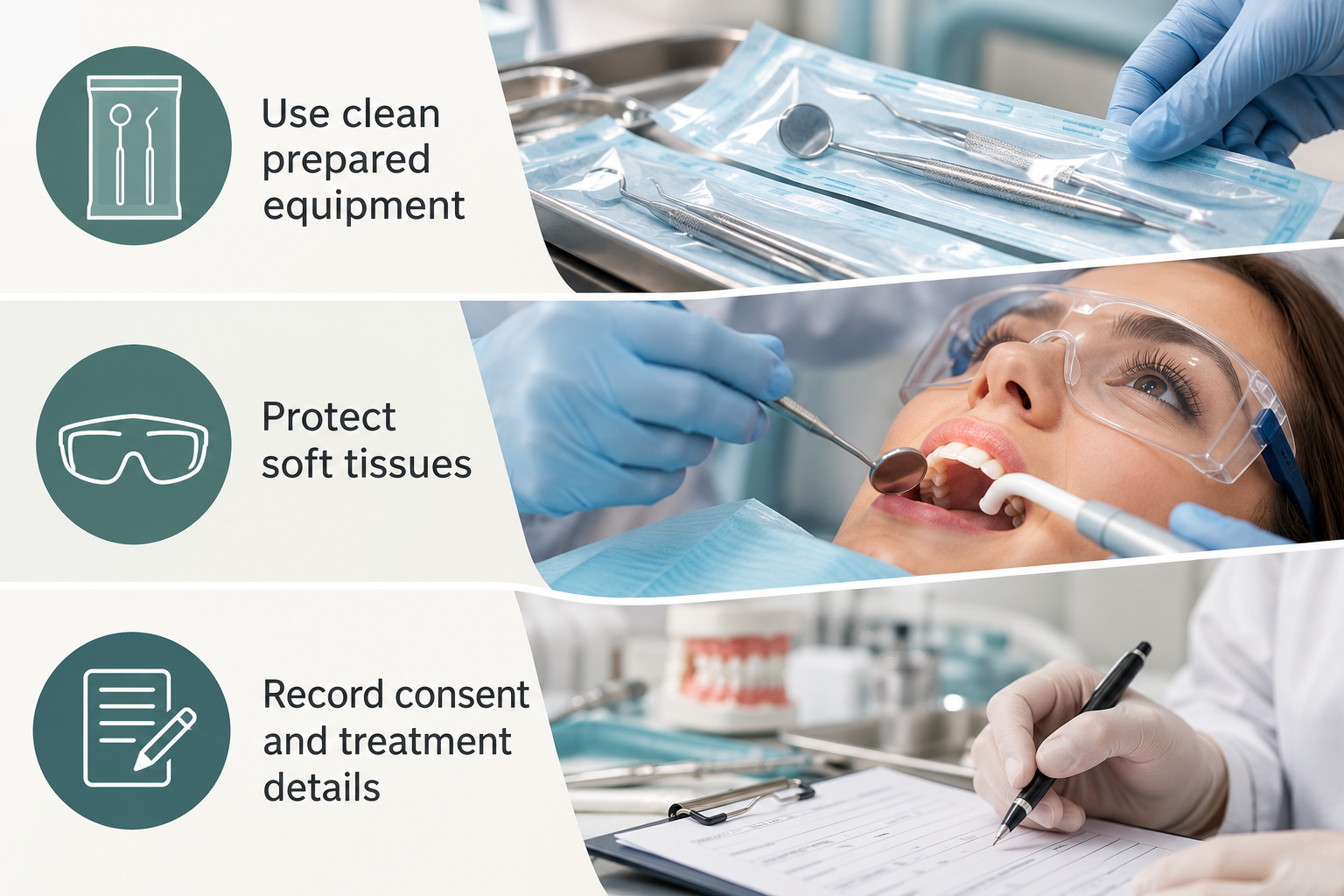 Safety Standards in Practice: Use clean prepared equipment; Protect soft tissues; Record consent and treatment details