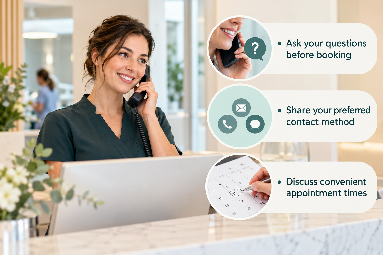 Getting in Touch: Ask your questions before booking; Share your preferred contact method; Discuss convenient appointment times