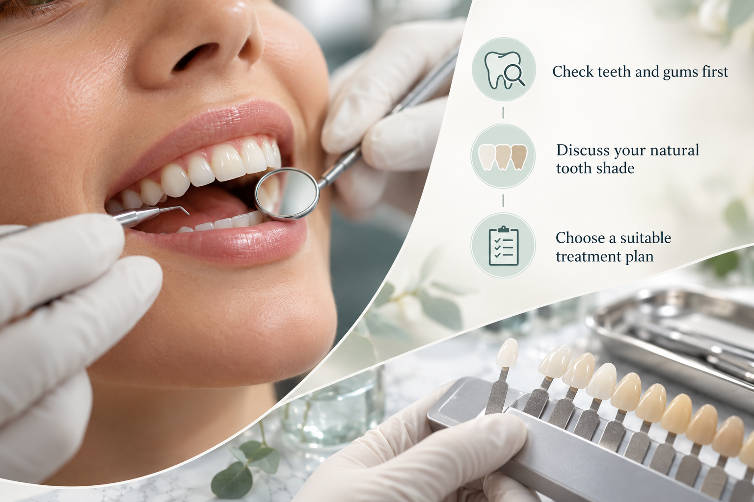 Why Professional Treatment Matters: Check teeth and gums first; Discuss your natural tooth shade; Choose a suitable treatment plan