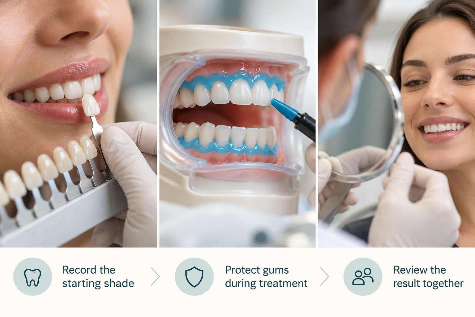 How the Treatment Works: Record the starting shade; Protect gums during treatment; Review the result together