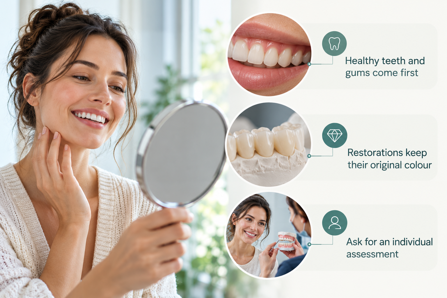 Who Is Suitable: Healthy teeth and gums come first; Restorations keep their original colour; Ask for an individual assessment
