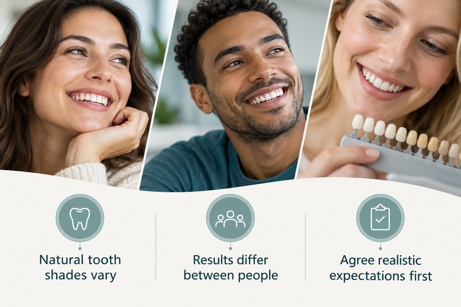 Realistic Results and Expectations: Natural tooth shades vary; Results differ between people; Agree realistic expectations first