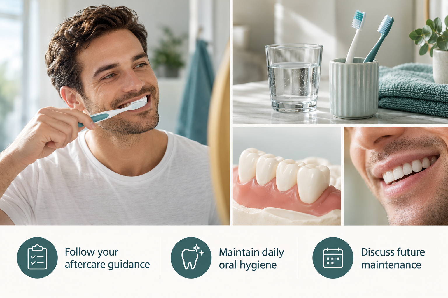 Aftercare and Maintaining Results: Follow your aftercare guidance; Maintain daily oral hygiene; Discuss future maintenance