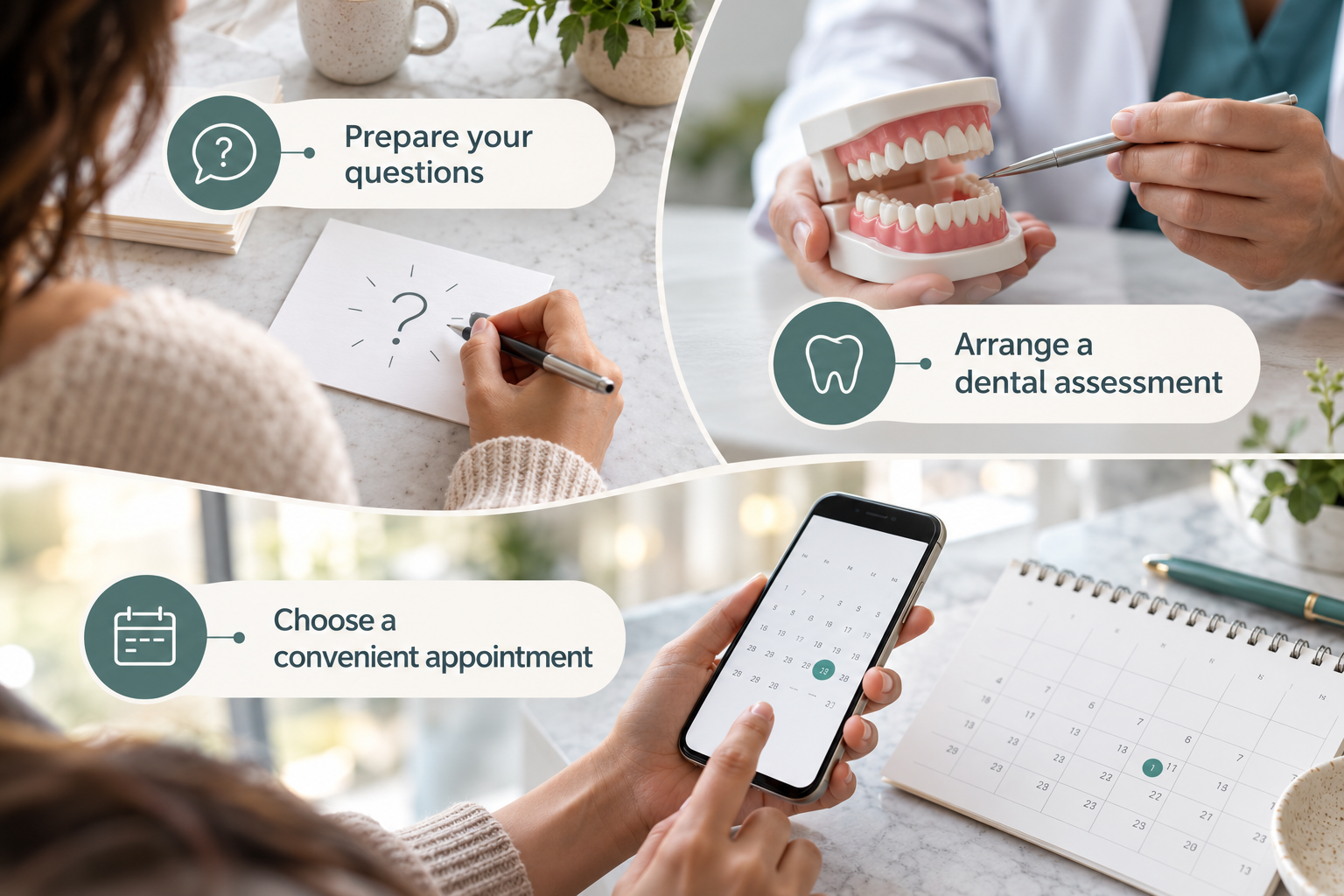 Next Steps and What to Know: Prepare your questions; Arrange a dental assessment; Choose a convenient appointment