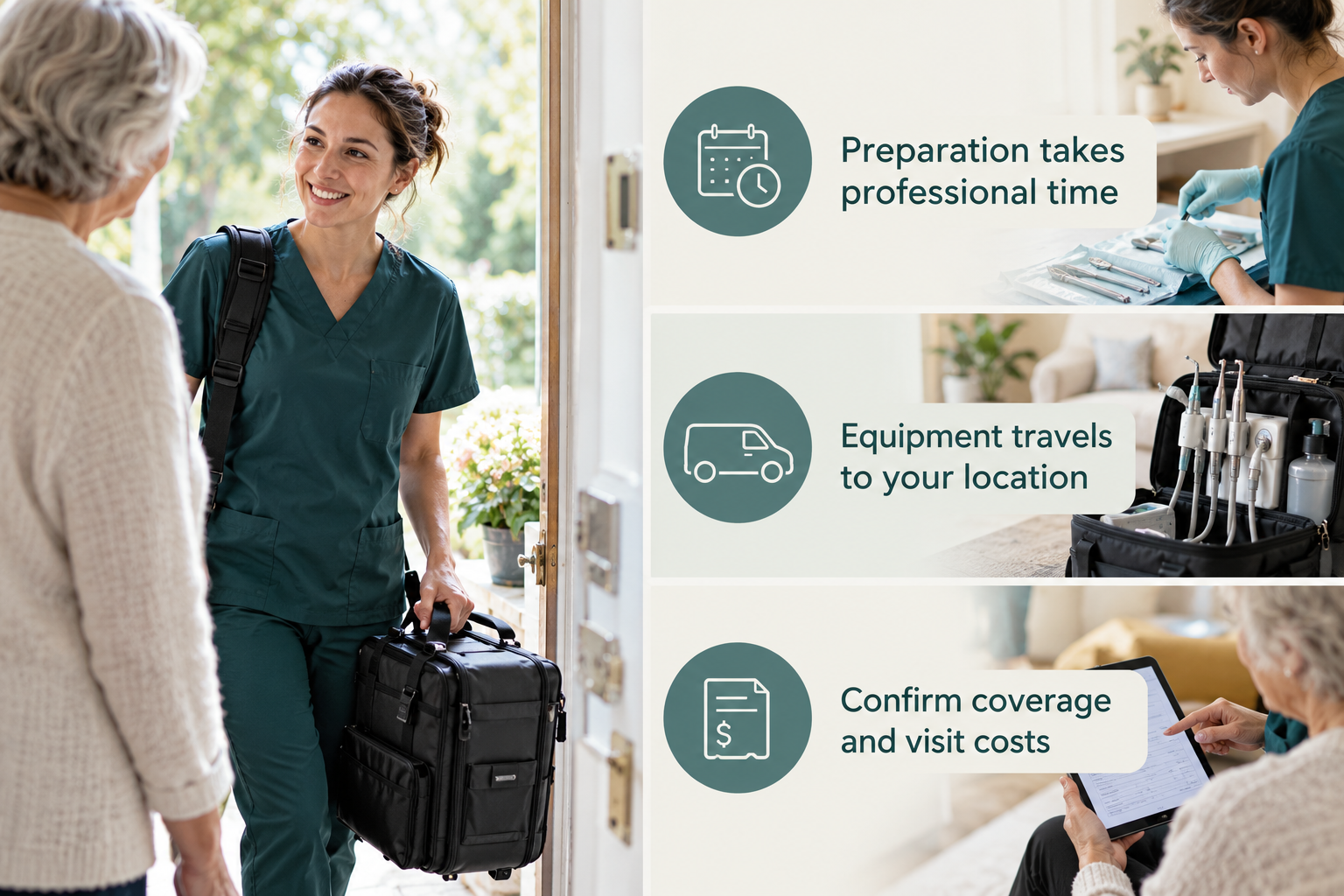 Why Home Visits Are Priced the Way They Are: Preparation takes professional time; Equipment travels to your location; Confirm coverage and visit costs