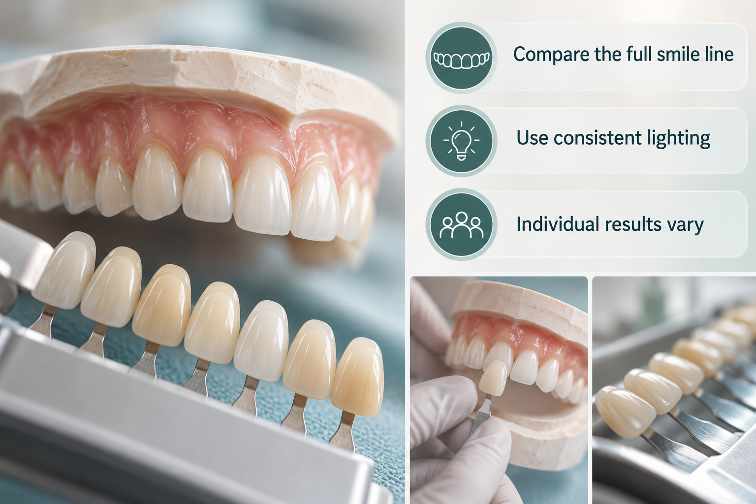 Result One — Overall Shade Change Across the Smile Line: Compare the full smile line; Use consistent lighting; Individual results vary
