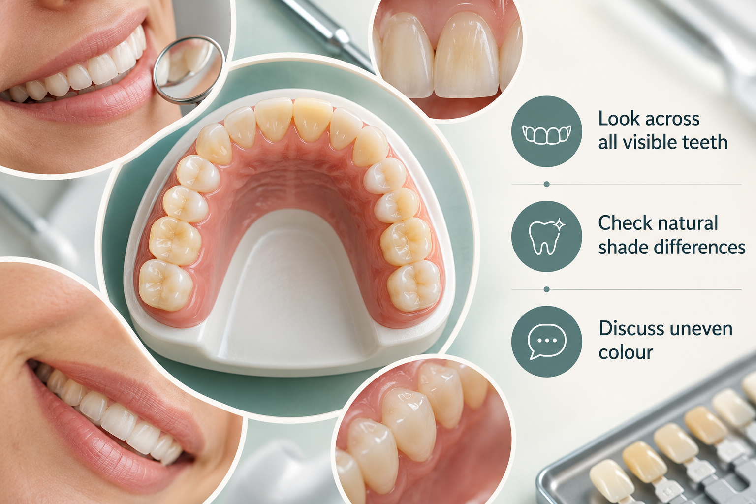 Result Two — Evenness Across the Full Arch: Look across all visible teeth; Check natural shade differences; Discuss uneven colour
