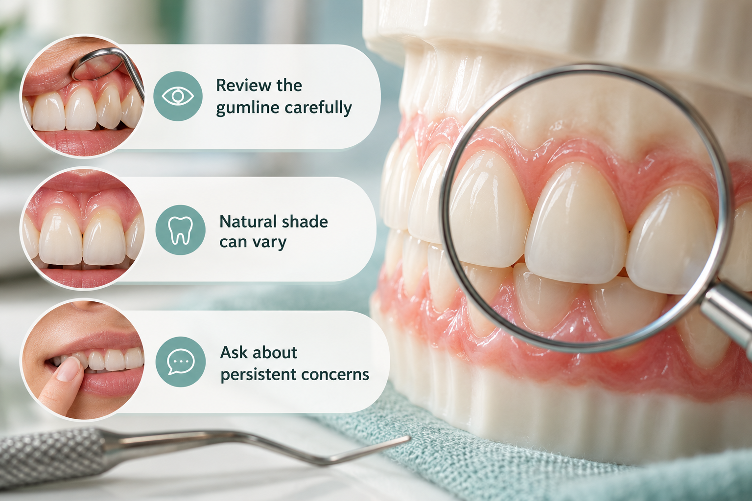 Result Three — Change at the Gum Margin: Review the gumline carefully; Natural shade can vary; Ask about persistent concerns