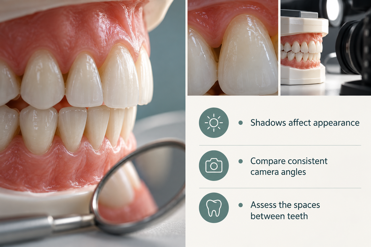 Result Four — Interdental and Shadowed Areas: Shadows affect appearance; Compare consistent camera angles; Assess the spaces between teeth