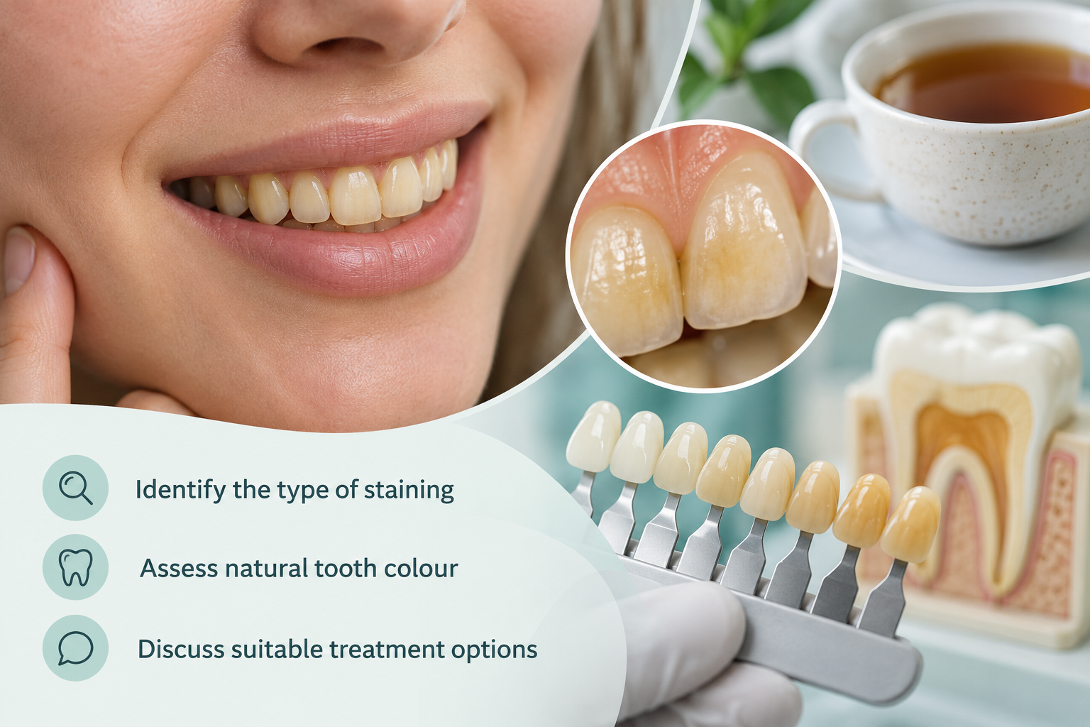 Result Eight — Stained Yellow Teeth: Identify the type of staining; Assess natural tooth colour; Discuss suitable treatment options