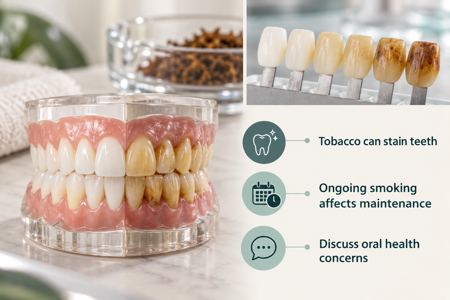 Result Nine — Staining From Smoking: Tobacco can stain teeth; Ongoing smoking affects maintenance; Discuss oral health concerns