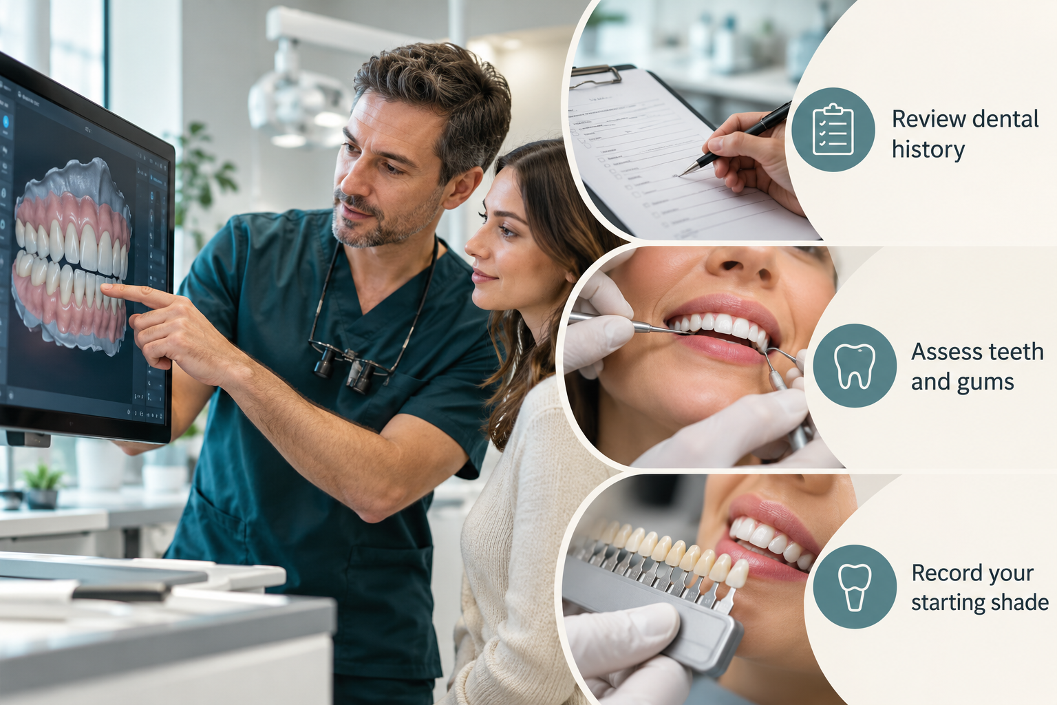 The Pre-Treatment Consultation: Review dental history; Assess teeth and gums; Record your starting shade