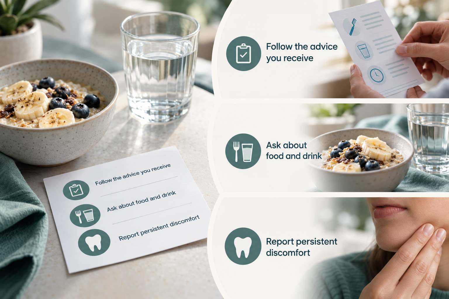 Aftercare: The First 24 to 48 Hours: Follow the advice you receive; Ask about food and drink; Report persistent discomfort